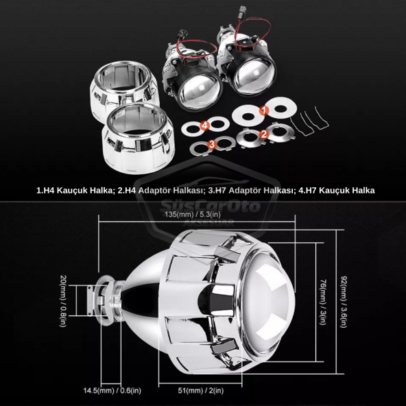 Universal 2.5 Bi-xenon Far Merceği Uzun Kısa Projektör Lens Bixenon Şeffaf Lens Profesyonel Seri 2 Adet Gümüş - 8