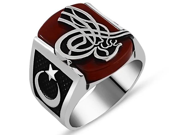 925 Ayar Gümüş Akik Taşı Üzerinde Tuğralı  Yüzük ürün görseli