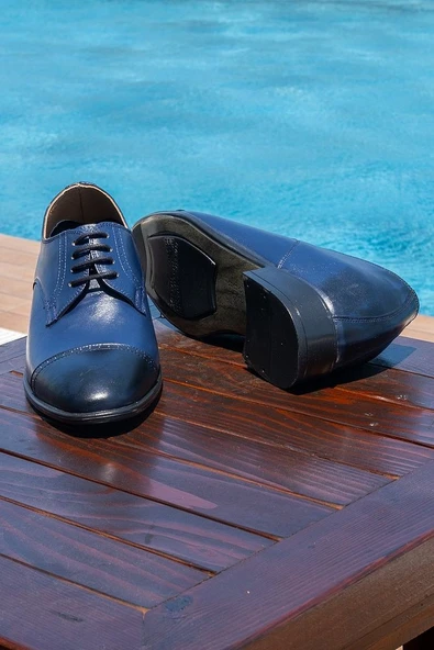 El Yapımı Lacivert Renk Oxford Model 7 Cm Boy Uzatan Gizli Topuk Ayakkabı Damatlık Kundura - 3