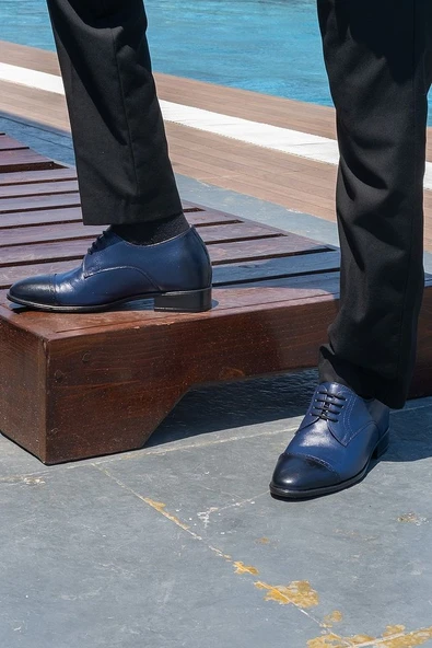 El Yapımı Lacivert Renk Oxford Model 7 Cm Boy Uzatan Gizli Topuk Ayakkabı Damatlık Kundura - 5