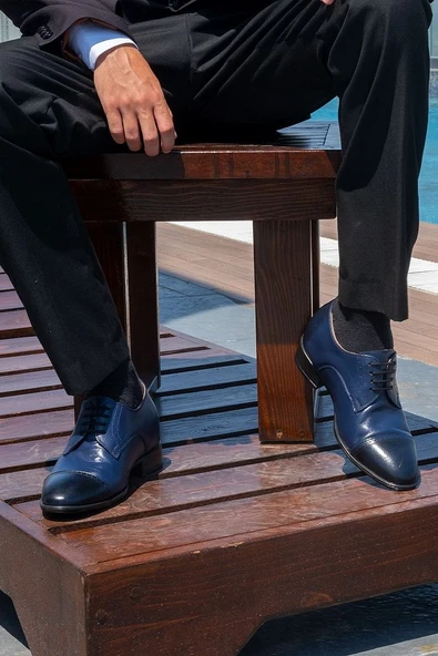 El Yapımı Lacivert Renk Oxford Model 7 Cm Boy Uzatan Gizli Topuk Ayakkabı Damatlık Kundura - 2