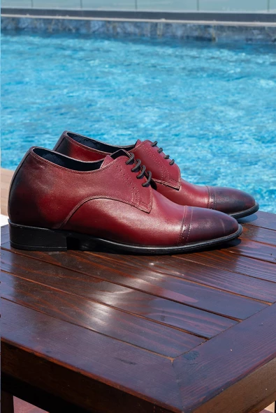 El Yapımı Bordo Renk Oxford Model +7 Cm Boy Uzatan Gizli Topuk Ayakkabı Damatlık Kundura - 2
