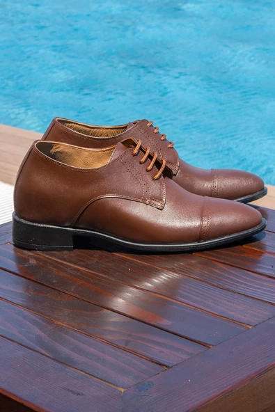 El Yapımı Kahverengi Oxford Model +7 Cm Boy Uzatan Gizli Topuklu Erkek Ayakkabı Damatlık Kundura - 2