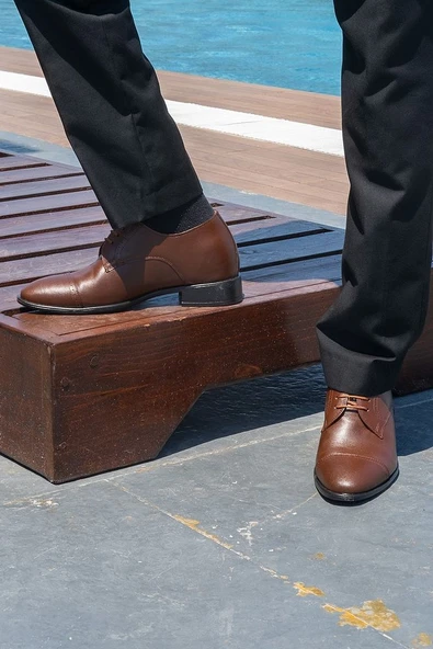 El Yapımı Kahverengi Oxford Model 7 Cm Boy Uzatan Gizli Topuklu Erkek Ayakkabı Damatlık Kundura - 3