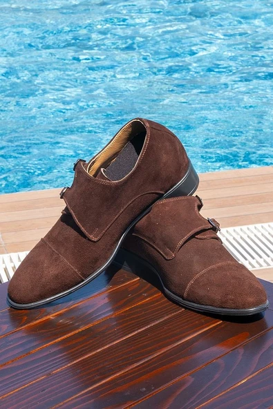 El Yapımı Hakiki Deri Kahverengi Tokalı Süet 7 Cm Boy Uzatan Gizli Topuk Klasik Ayakkabı Kundura - 2