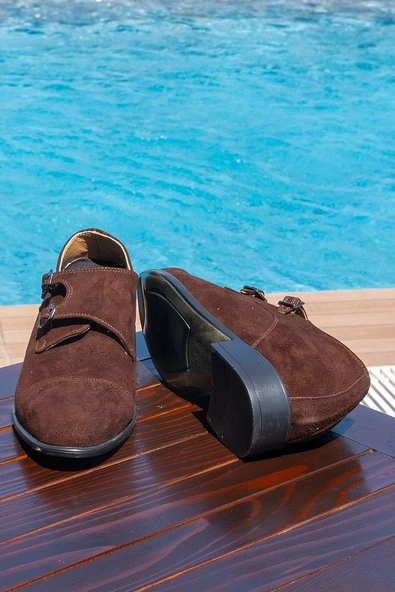 El Yapımı Hakiki Deri Kahverengi Tokalı Süet 7 Cm Boy Uzatan Gizli Topuk Klasik Ayakkabı Kundura - 5