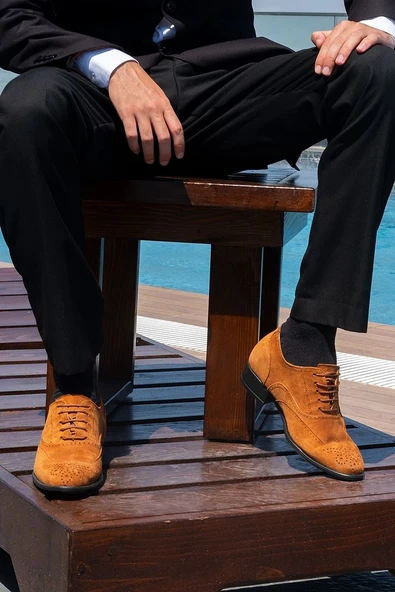 El Yapımı Hakiki Deri Taba Renk Süet 7 Cm Boy Uzatan Gizli Topuk Klasik Ayakkabı Damatlık Kundura - 1