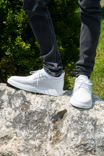 Beyaz Renk İğne Baskı Görünümlü +7cm Boy Uzatan Gizli Topuklu Erkek Spor Ayakkabı Sneaker - 8