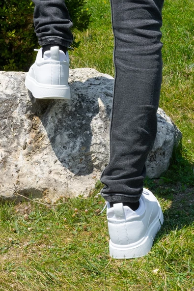 Beyaz Renk İğne Baskı Görünümlü +7cm Boy Uzatan Gizli Topuklu Erkek Spor Ayakkabı Sneaker - 10