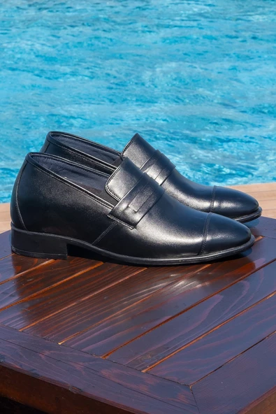 El Yapımı Loafer Model Siyah +7/+9 cm Boy Uzatan Erkek Ayakkabı Gizli Topuklu Kundura