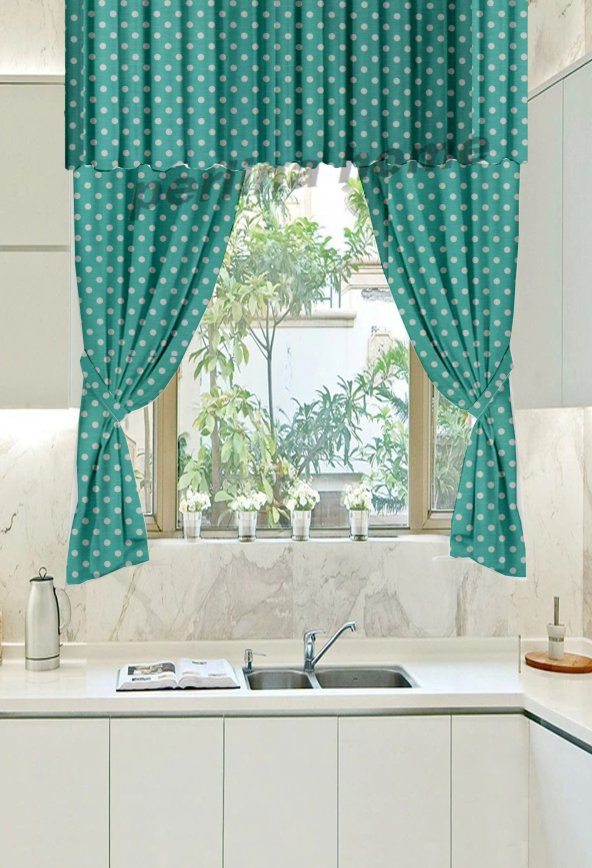 perlina home  2 Kanat Fon Perde Puantiye Mint + 200 cm Kısa Mutfak Perdesi