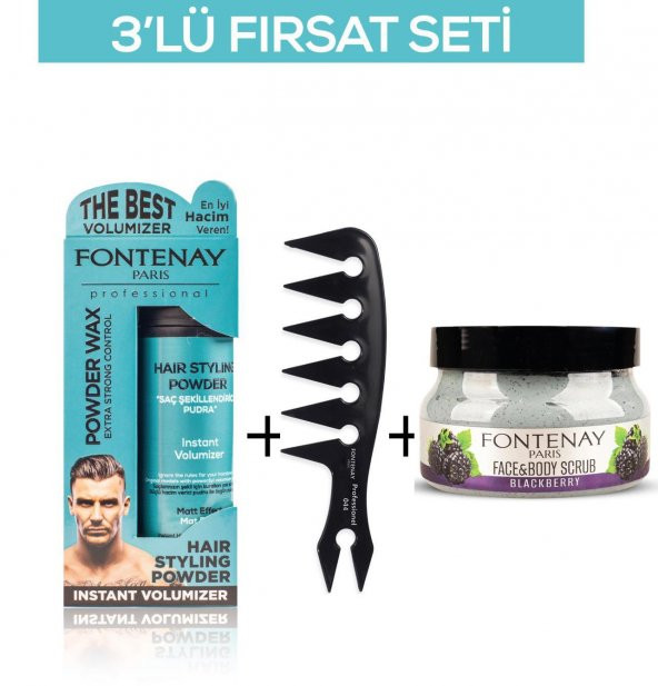 Fontenay Pudra Toz Wax Mavi 20gr + Şekil Tarağı 044 + Face And Body Scrub Böğürtlen 350ml 3Lü Set