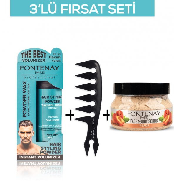 Fontenay Pudra Toz Wax Mavi 20gr + Şekil Tarağı 044 + Face And Body Scrub Şeftali 350ml 3Lü Set
