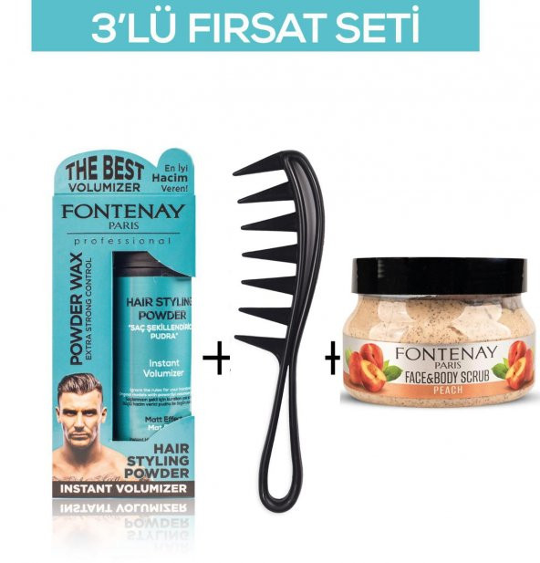 Fontenay Pudra Toz Wax Mavi 20gr + Şekil Tarağı 043 + Face And Body Scrub Şeftali 350ml 3Lü Set