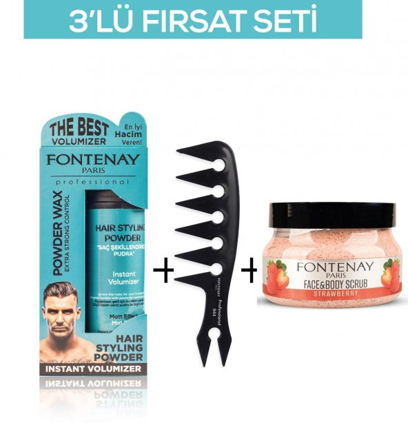 Fontenay Pudra Toz Wax Mavi 20gr + Şekil Tarağı 044 + Face And Body Scrub Çilekli 350ml 3Lü Set