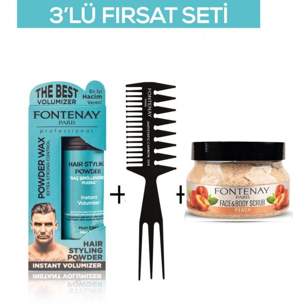 Fontenay Pudra Toz Wax Mavi 20gr + Şekil Tarağı 034 + Face And Body Scrub Şeftali 350ml 3Lü Set