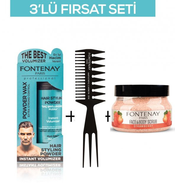 Fontenay Pudra Toz Wax Mavi 20gr + Şekil Tarağı 034 + Face And Body Scrub Çilekli 350ml 3Lü Set