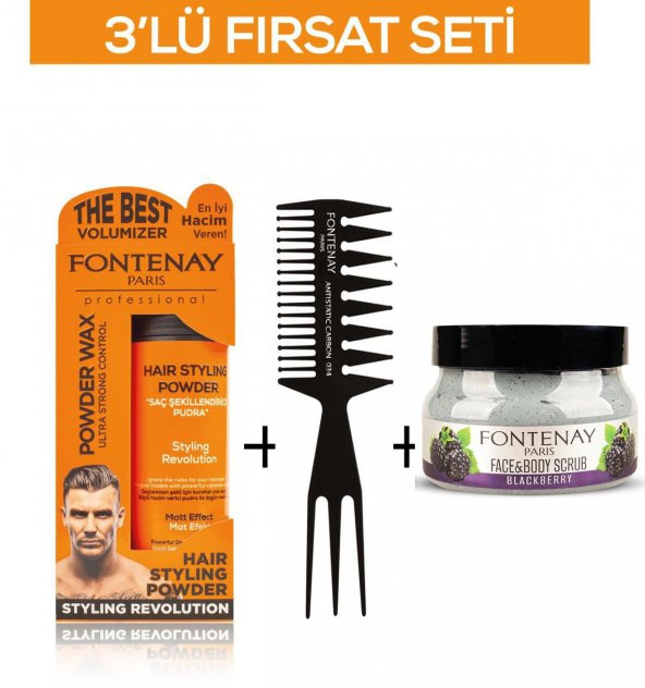 Fontenay Pudra Toz Wax Turuncu 20gr +Şekil Tarağı 034+ Face And Body Scrub Böğürtlen 350ml 3Lü Set