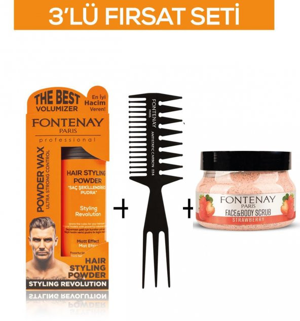 Fontenay Pudra Toz Wax Turuncu 20gr +Şekil Tarağı 034+ Face And Body Scrub Çilekli 350ml 3Lü Set