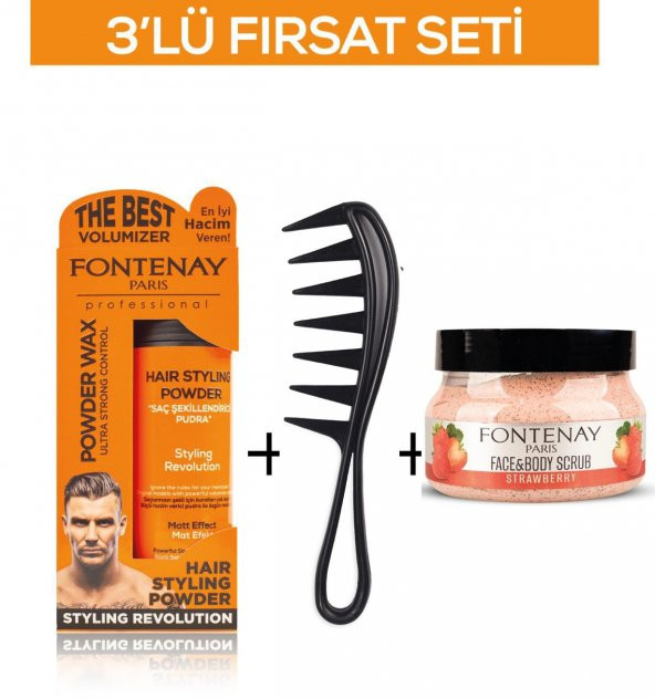 Fontenay Pudra Toz Wax Turuncu 20gr +Şekil Tarağı 043+ Face And Body Scrub Çilekli 350ml 3Lü Set