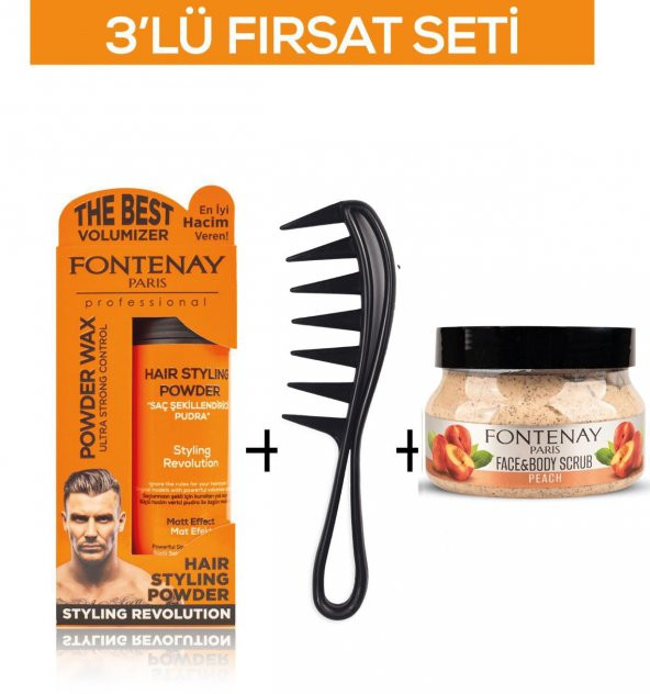 Fontenay Pudra Toz Wax Turuncu 20gr +Şekil Tarağı 043+ Face And Body Scrub Şeftali 350ml 3Lü Set