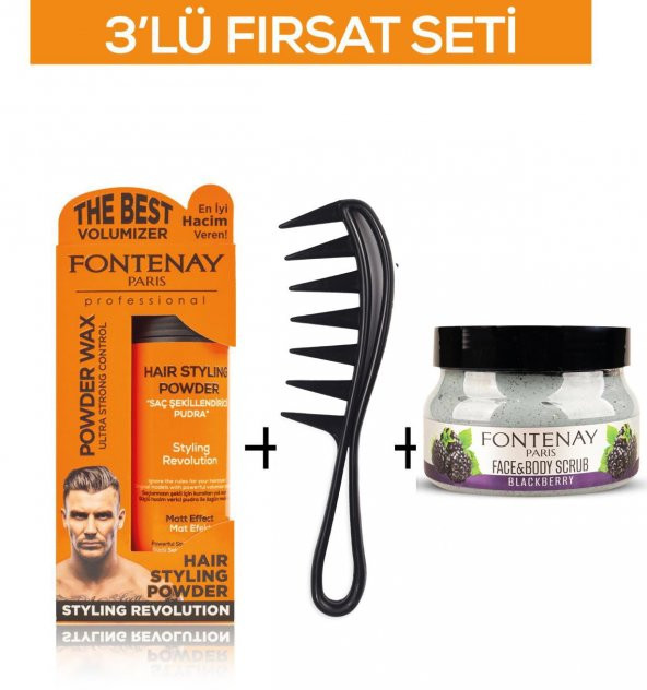 Fontenay Pudra Toz Wax Turuncu 20gr +Şekil Tarağı 043+ Face And Body Scrub Böğürtlen 350ml 3Lü Set