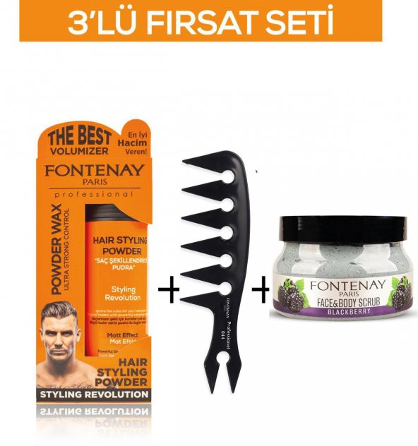 Fontenay Pudra Toz Wax Turuncu 20gr +Şekil Tarağı 044+ Face And Body Scrub Böğürtlen 350ml 3Lü Set