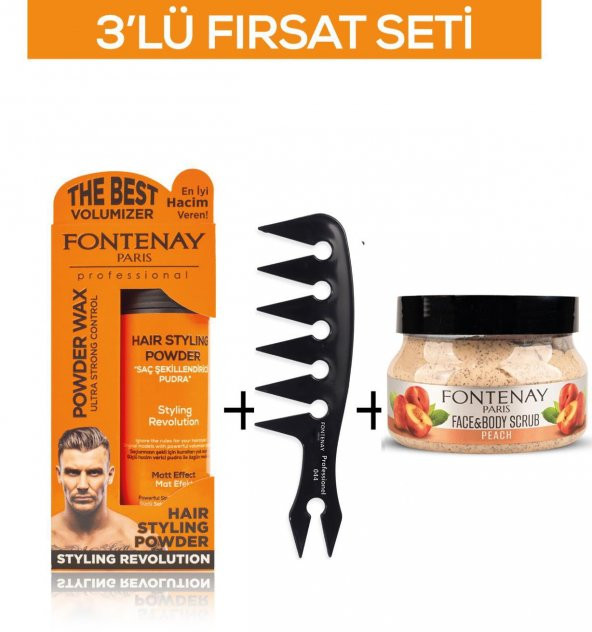 Fontenay Pudra Toz Wax Turuncu 20gr +Şekil Tarağı 044+ Face And Body Scrub Şeftali 350ml 3Lü Set