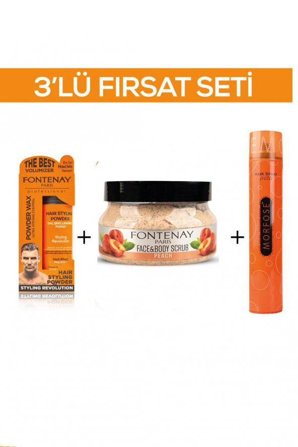 Fontenay Pudra Toz Wax Turuncu 20gr + Face And Body Scrub Şeftali 350ml + Saç Spreyi 400ml 3Lü Set