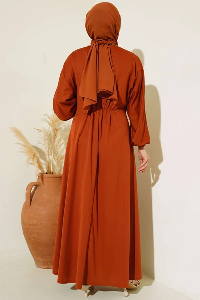 Beli Yarı Lastikli Yarasa Kol Elbise Taba - 3