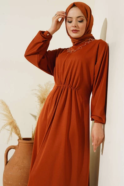 Beli Yarı Lastikli Yarasa Kol Elbise Taba - 2