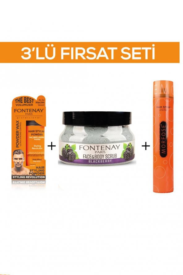 Fontenay Pudra Toz Wax Turuncu 20gr + Face And Body Scrub Böğürtlen 350ml +Saç Spreyi 400ml 3Lü Set