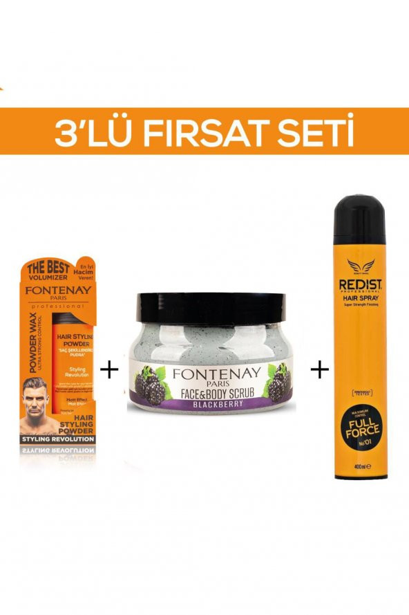 Fontenay Pudra Toz Wax Turuncu 20gr + FaceAndBody Scrub Böğürtlen 350ml+Saç Spreyi 2 400ml 3Lü Set