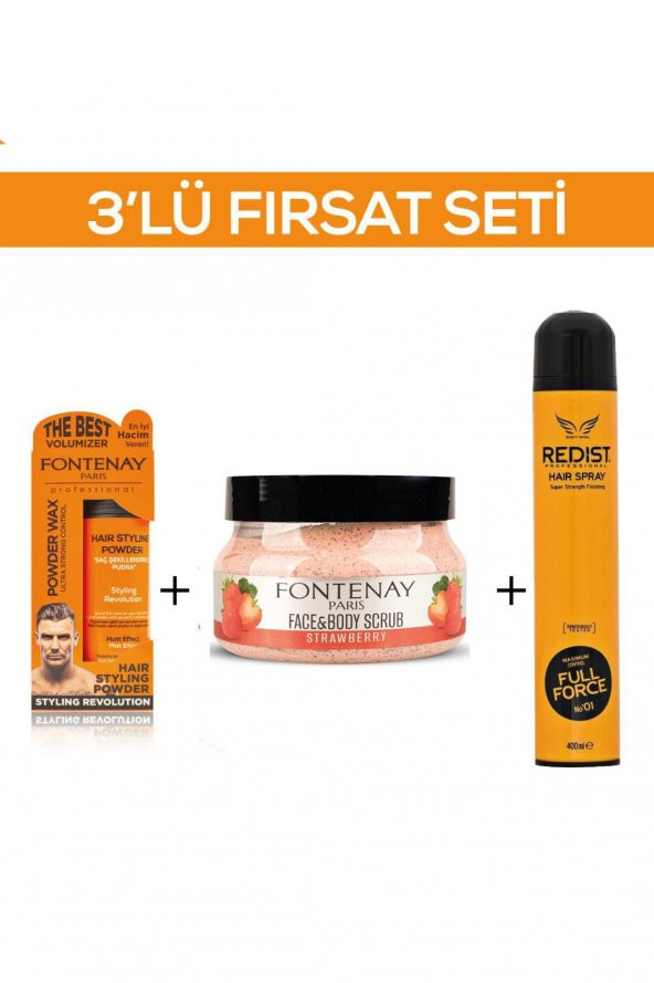 Fontenay Pudra Toz Wax Turuncu 20gr + Face And Body Scrub Çilekli 350ml +Saç Spreyi 2 400ml 3Lü Set