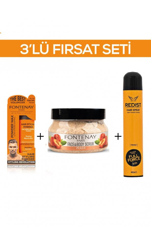 Fontenay Pudra Toz Wax Turuncu 20gr + Face And Body Scrub Şeftali 350ml +Saç Spreyi 2 400ml 3Lü Set