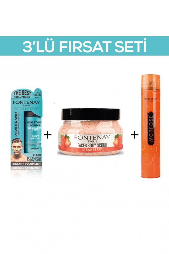 Fontenay Pudra Toz Wax Mavi 20gr + Face And Body Scrub Çilekli 350ml +Saç Spreyi 400ml 3Lü Set