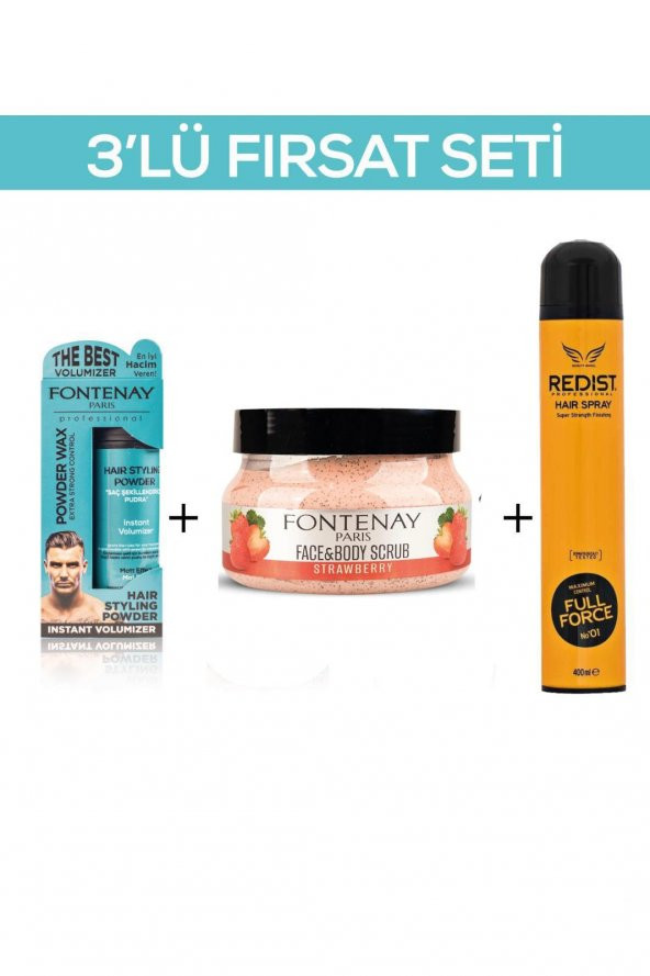 Fontenay Pudra Toz Wax Mavi 20gr + Face And Body Scrub Çilekli 350ml +Saç Spreyi 400ml 2 3Lü Set