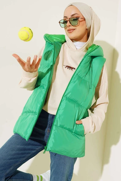 Kapüşonlu Fermuarlı Kısa Şişme Yelek Benetton - 2