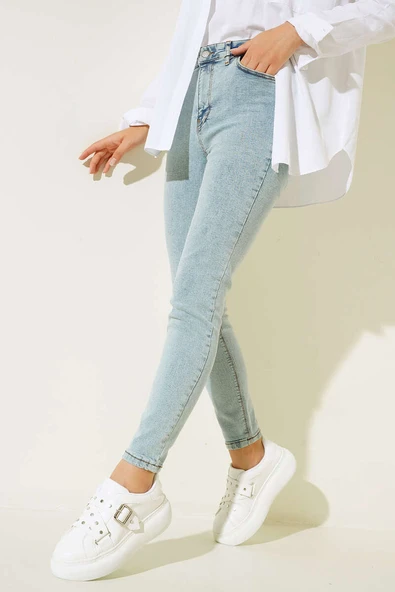 Yüksek Bel Dar Paça Pantalon Kar açık - Resim 2