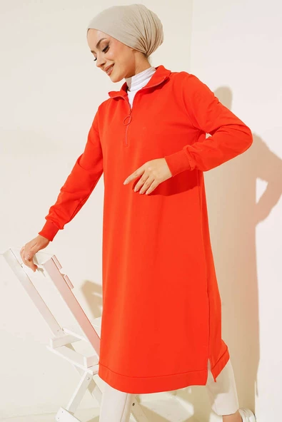 Yakası Fermuarlı Uzun Sweat Oranj
