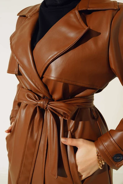 Tek Düğmeli Kuşaklı Deri Trençkot Taba - Resim 4