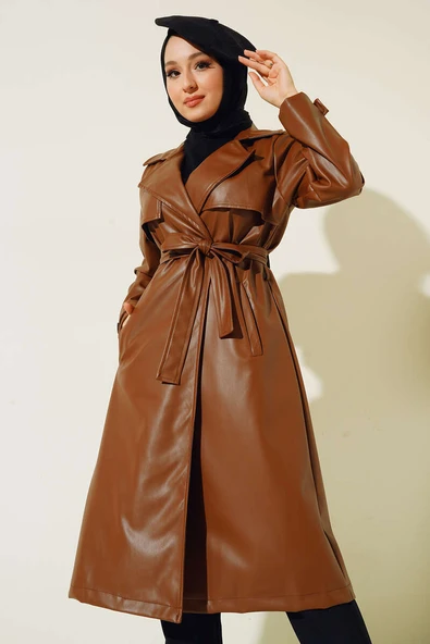 Tek Düğmeli Kuşaklı Deri Trençkot Taba ürün görseli 1