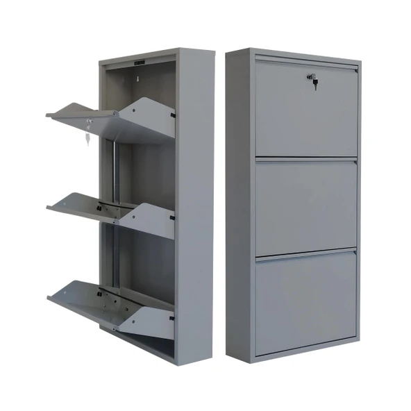Mobilya Pratik Gri Kilitli Metal Ayakkabılık   MAC3 - 3 Kapaklı - 50X15X103 h