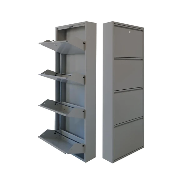 Mobilya Pratik Gri Kilitli Metal Ayakkabılık   MAC4 - 4 Kapaklı - 50X15X136 h