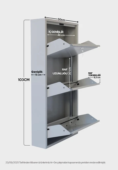 Gri Kilitli Metal Ayakkabılık   MAC3 - 3 Kapaklı - 50X15X103 h - Resim 2
