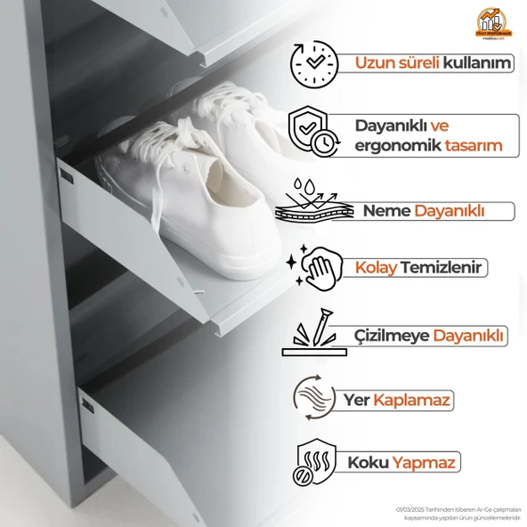 Mobilya Pratik Gri Kilitli Metal Ayakkabılık   MAC4 - 4 Kapaklı - 50X15X136 h - 4
