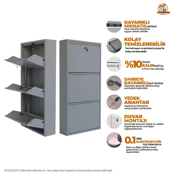 Mobilya Pratik Gri Kilitli Metal Ayakkabılık   MAC3 - 3 Kapaklı - 50X15X103 h - 2