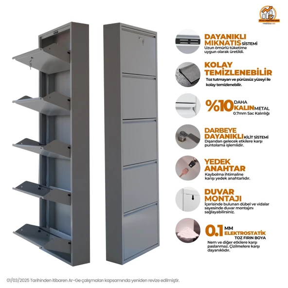 Mobilya Pratik Gri Kilitli Metal Ayakkabılık   MAC5 - 5 Kapaklı - 50X15X169 h - 2
