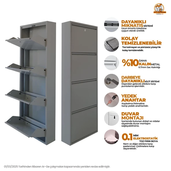 Mobilya Pratik Gri Kilitli Metal Ayakkabılık   MAC4 - 4 Kapaklı - 50X15X136 h - 2