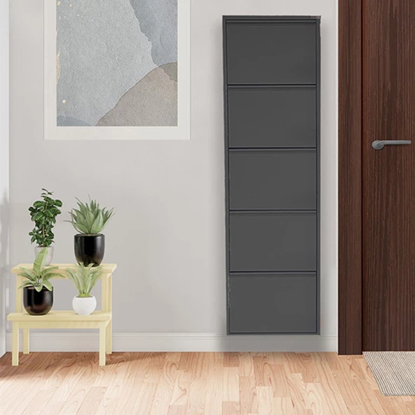 Mobilya Pratik Siyah Metal Ayakkabılık   MAC5 - 5 Kapaklı - 50X15X169 h - 2